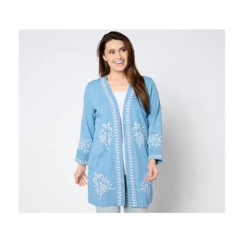Susan Graver Petite Open Front Chambray Cardigan Lace Appliqué Size XLP Blue